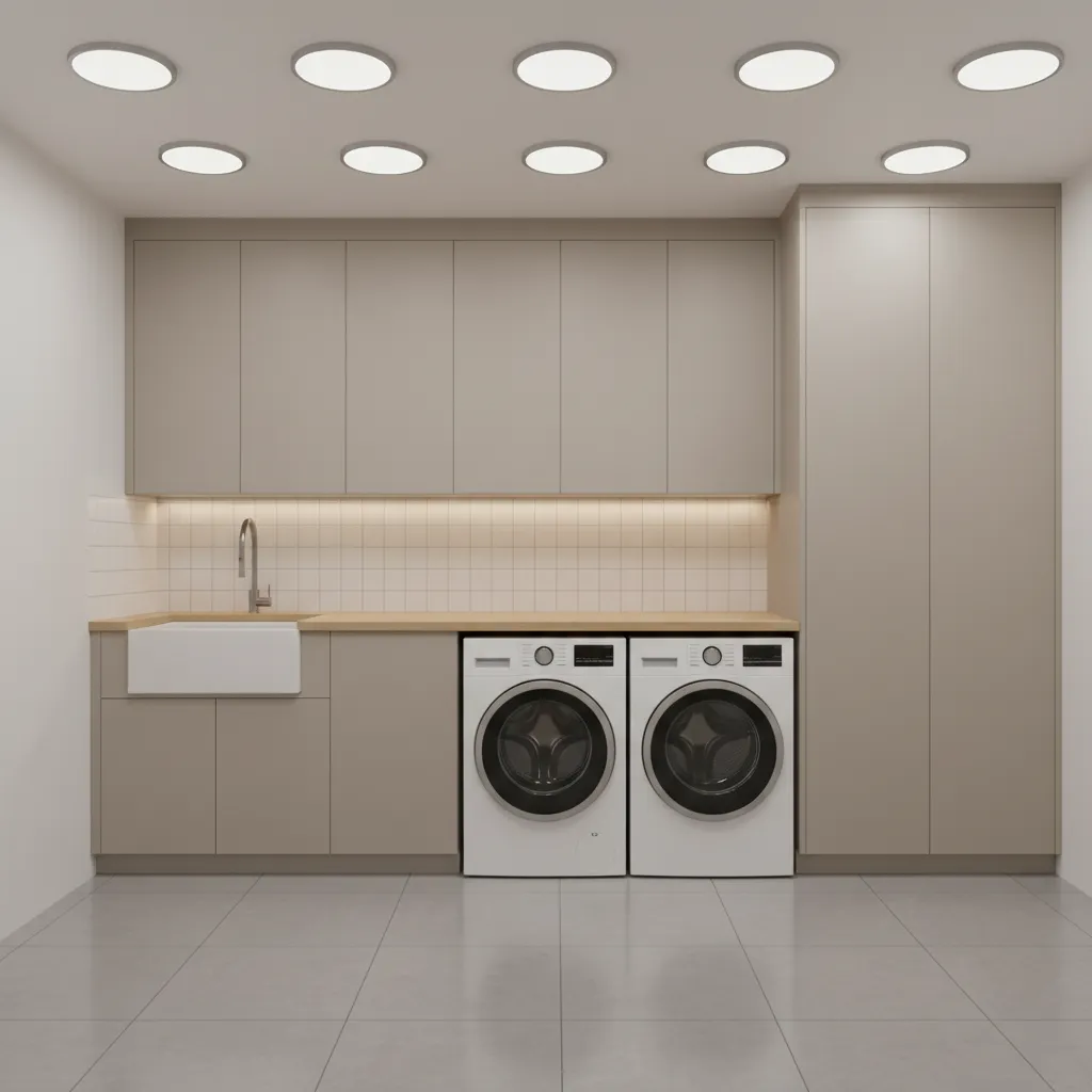laundry room ceiling with recessed lighting layout above washer dryer