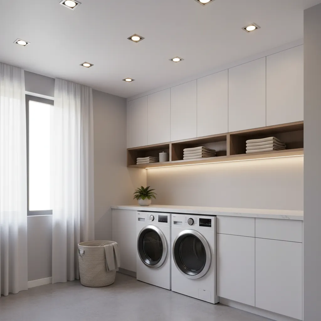 Laundry room with evenly spaced ceiling lights above washer dryer and folding counter