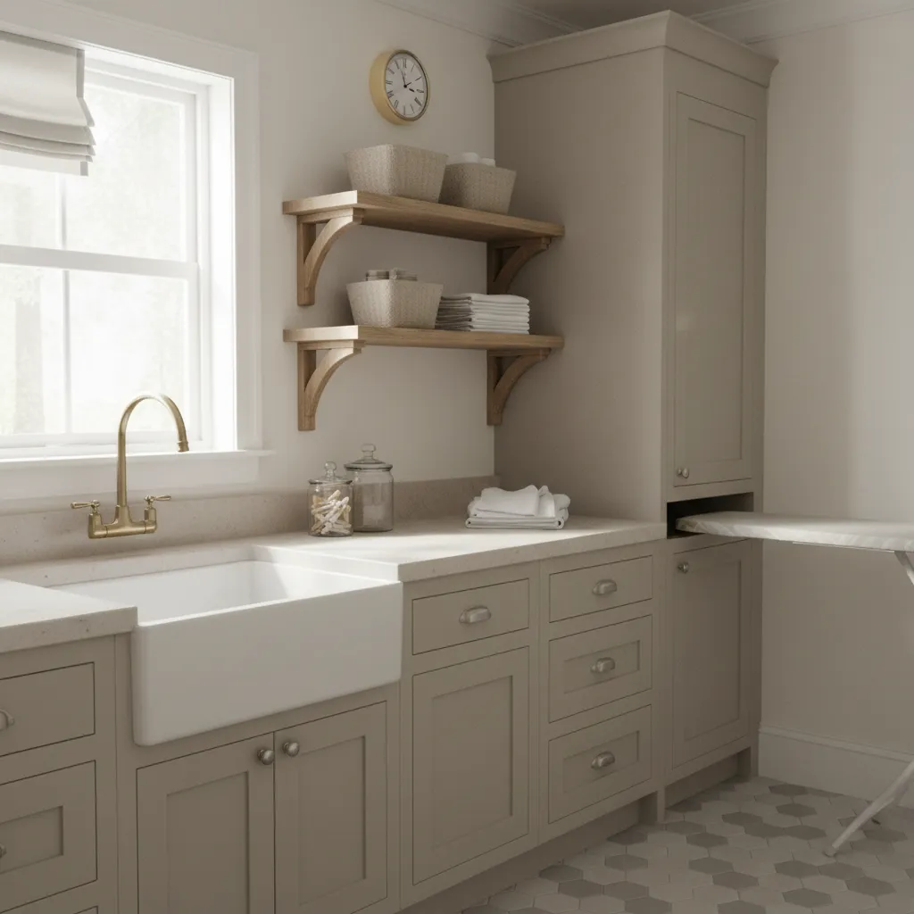 Traditional laundry room with white ceramic utility sink and cabinetry