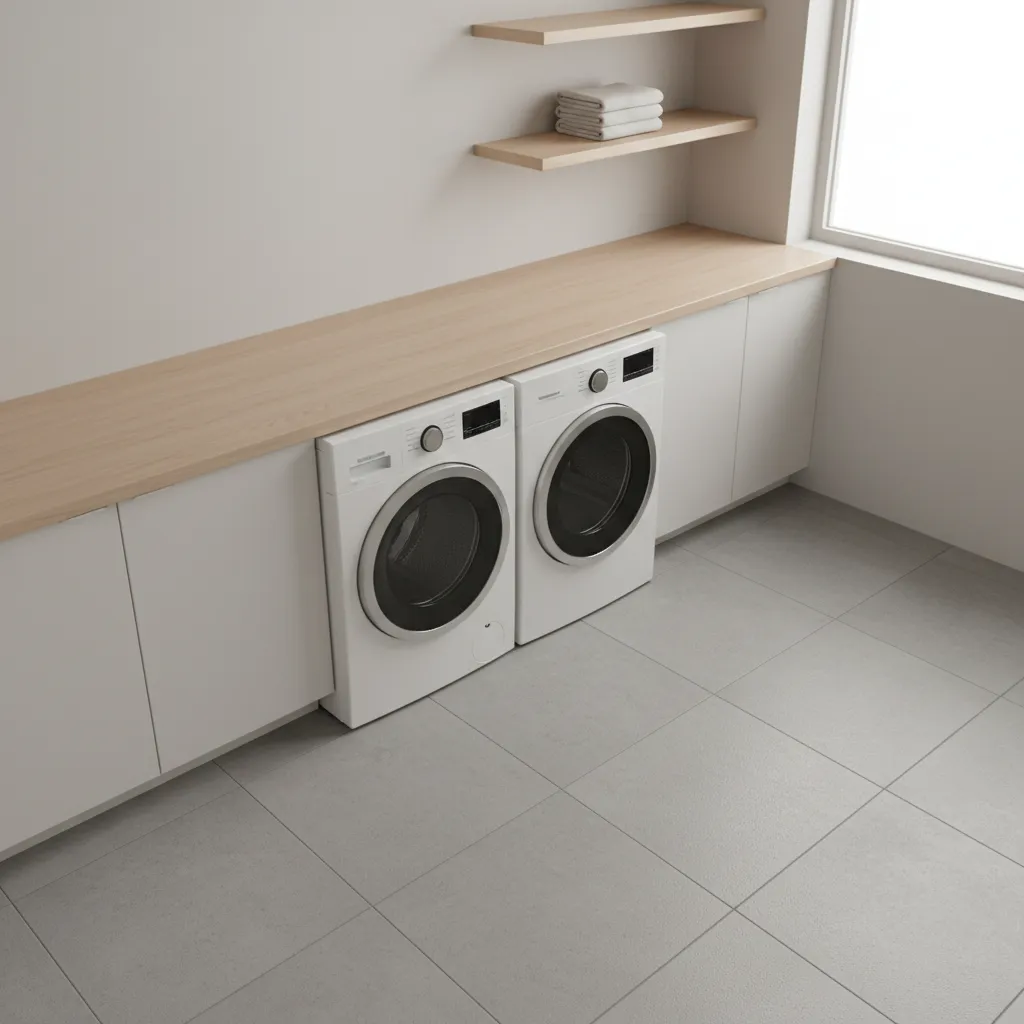 White cabinets with wood countertop and grey floor tiles in a laundry room layout design