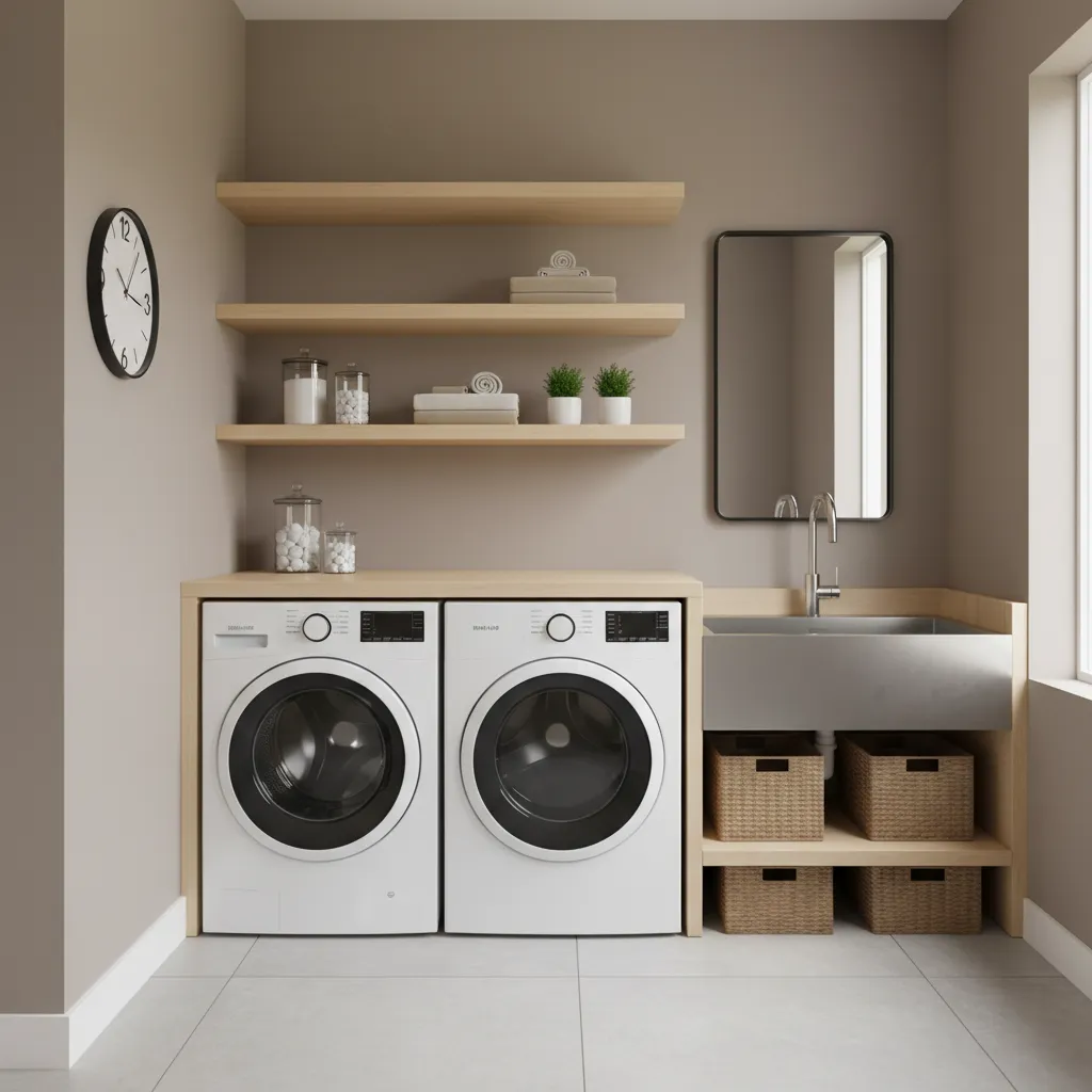 laundry room showing clock placed away from dryer heat and sink splash areas