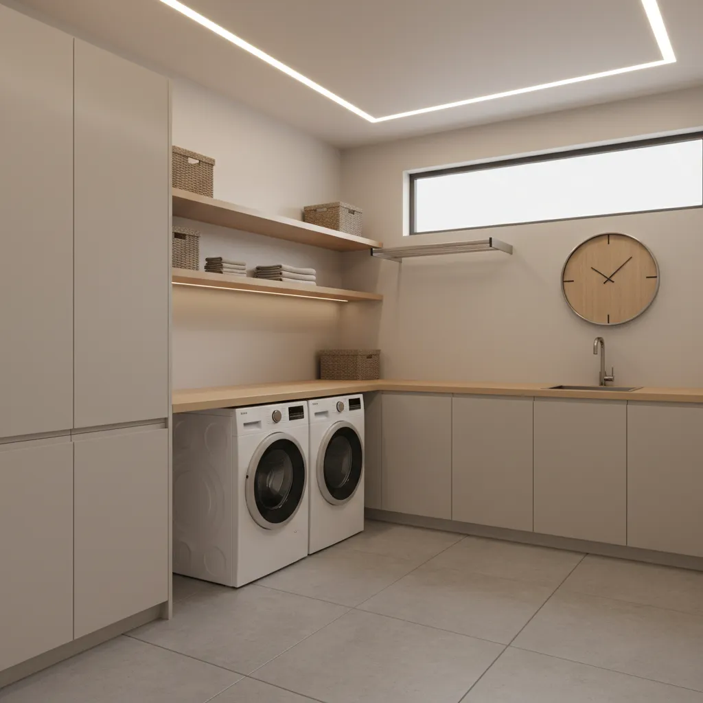 laundry room wall clock visible from washer and folding station