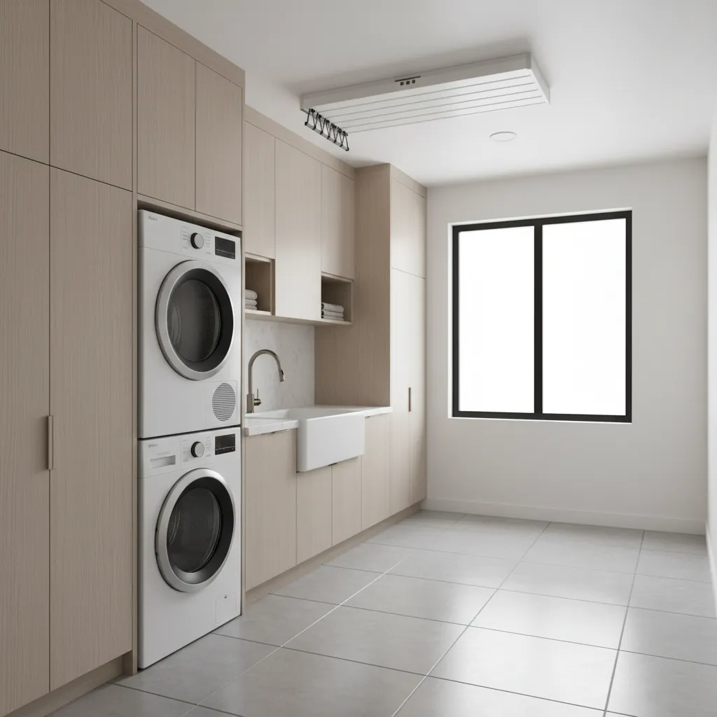 organized laundry room layout showing optimal placement for indoor clothesline