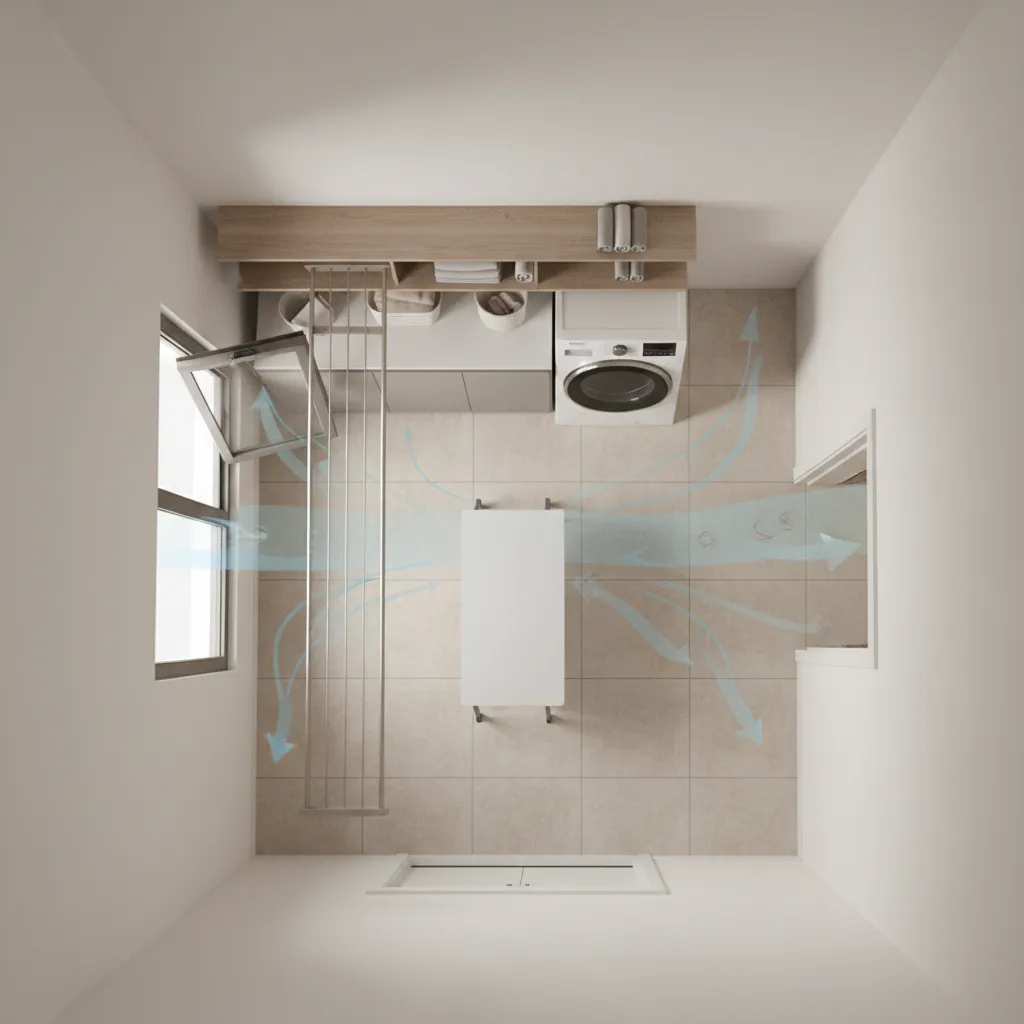 Laundry room layout showing optimal placement for indoor clothesline