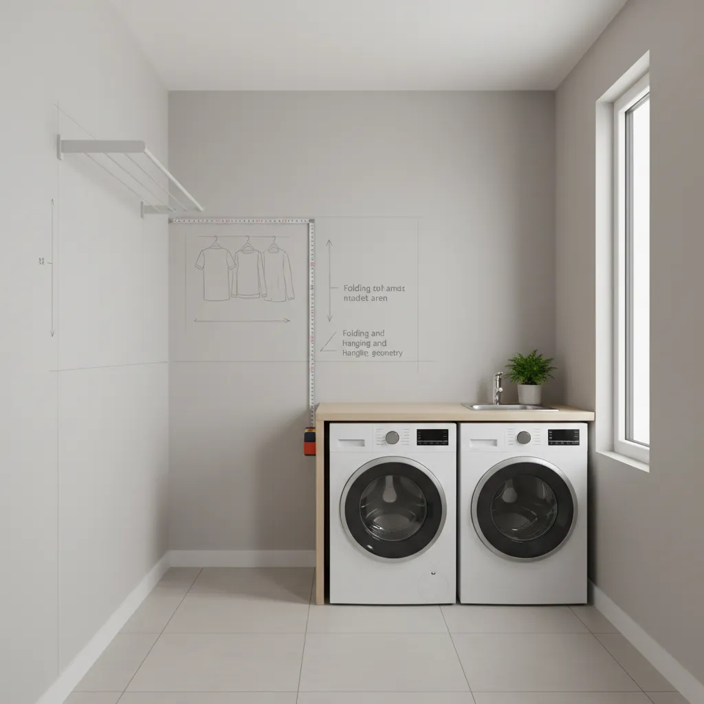 diagram style visualization of measuring space for indoor clothesline in laundry room