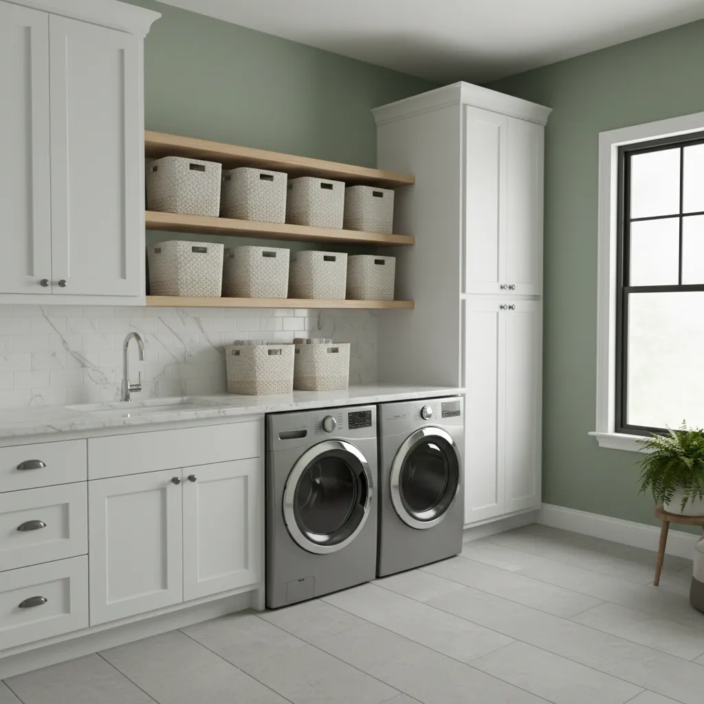 laundry room with sage green walls white cabinets and stainless washer dryer