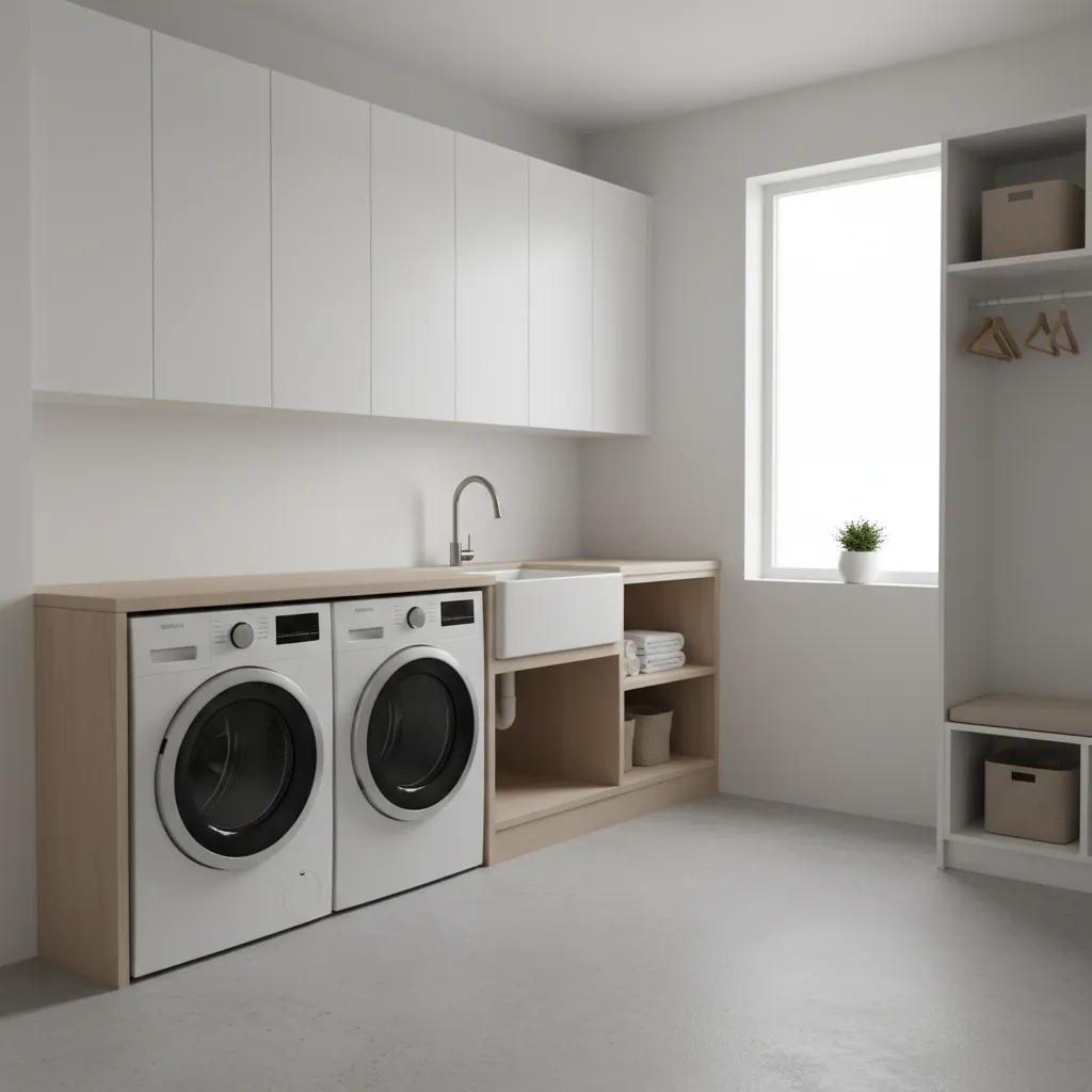 Modern laundry room with freshly painted concrete floor