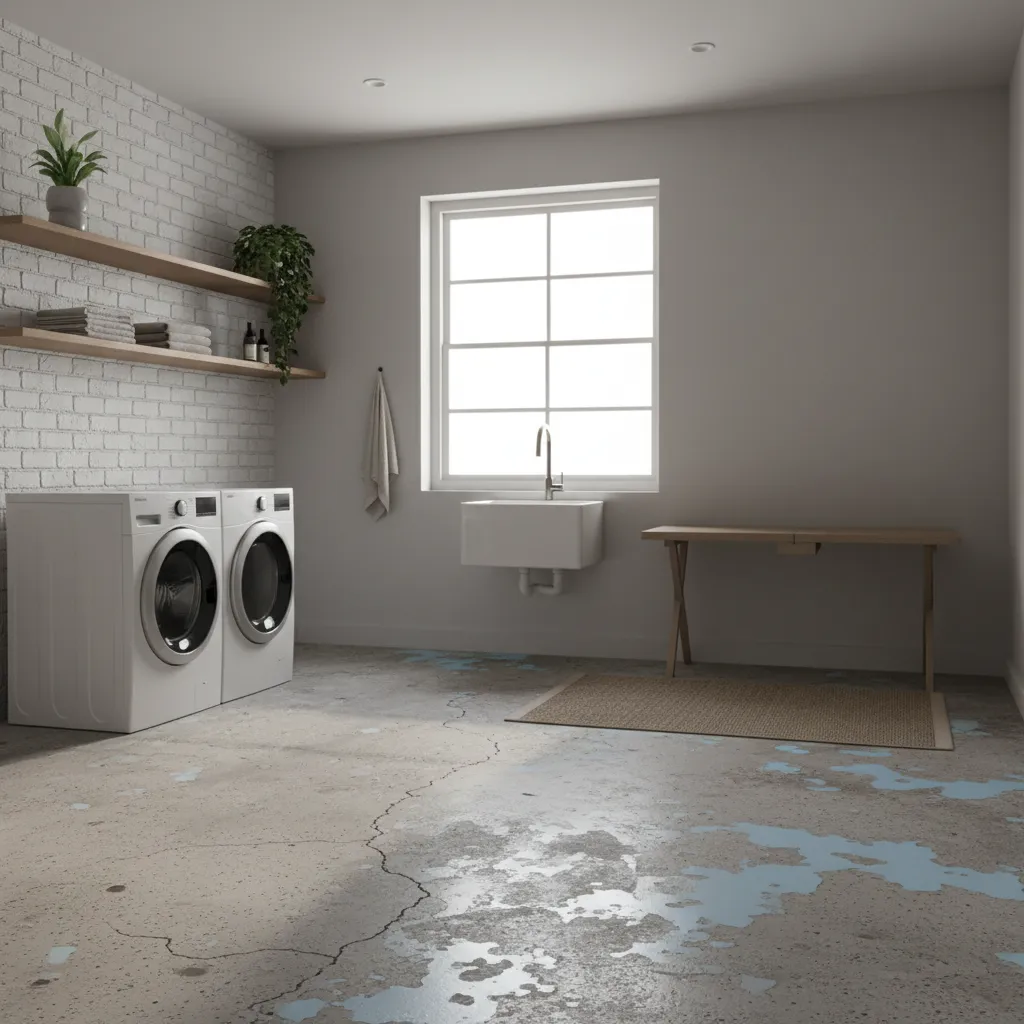 Laundry room floor showing peeling and flaking paint on old concrete surface