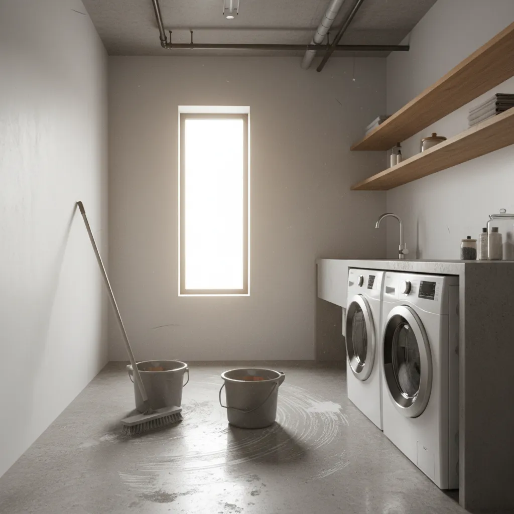 Concrete laundry room floor being cleaned and prepared before painting