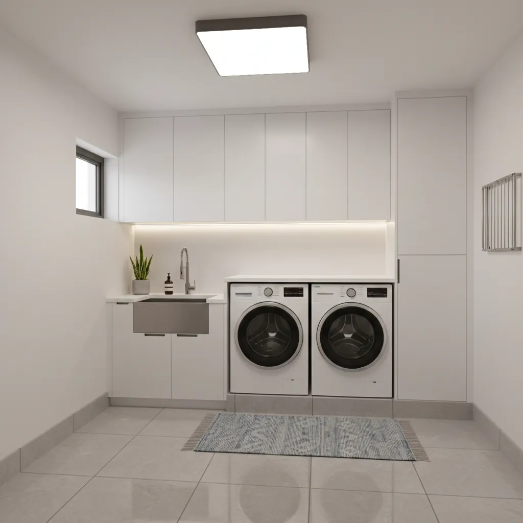 Modern laundry room with white cabinets, silver sink, washing machine, clothes dryer, and blue rug