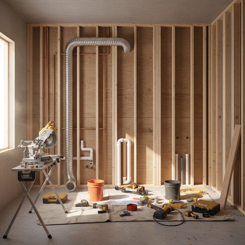 laundry room renovation with exposed plumbing during conversion