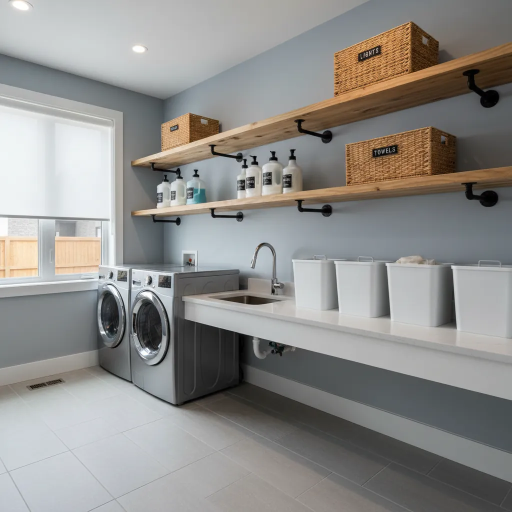 Comparison of wood metal and MDF shelves in laundry room layout