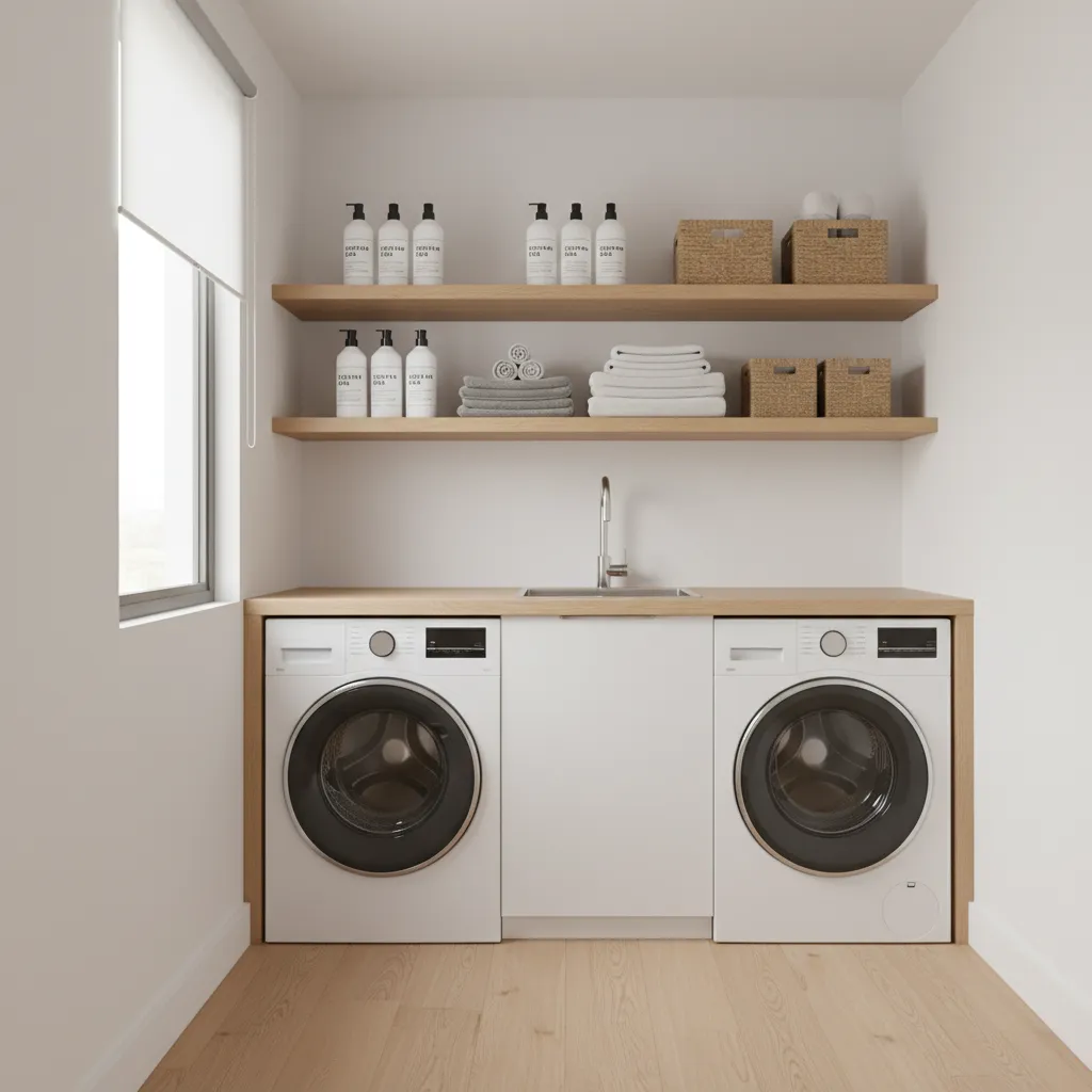 Modern laundry room with corner shelves storing detergent and towels