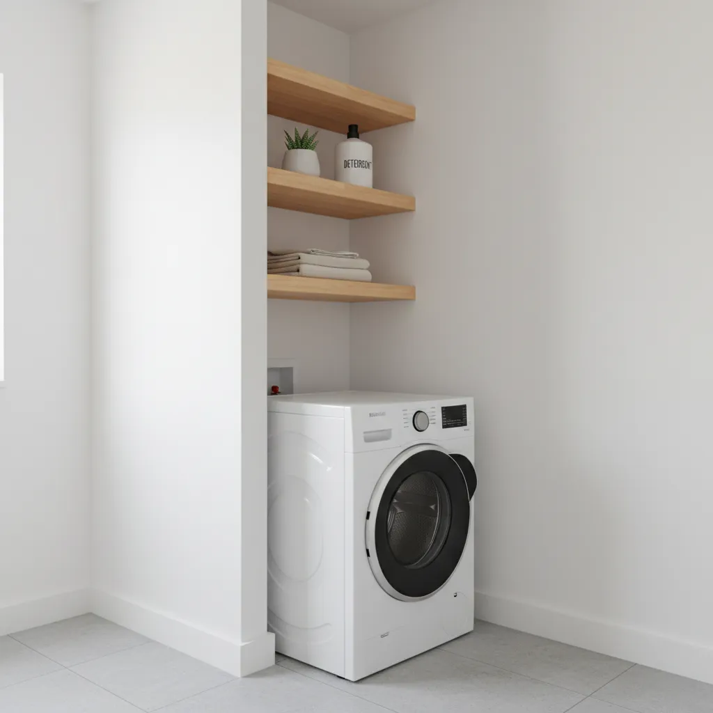 Laundry room corner shelf installed above washer with storage baskets