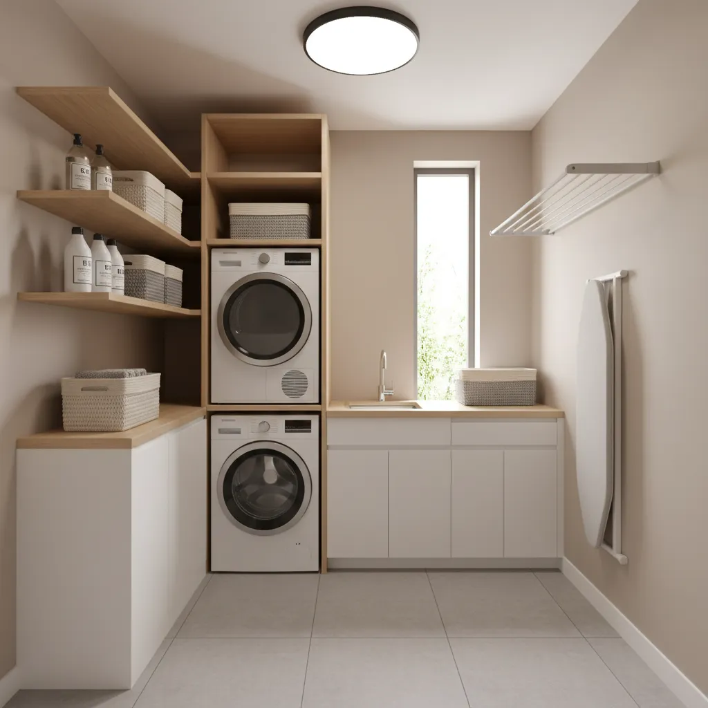Corner shelving installed above washer and dryer in a modern laundry room