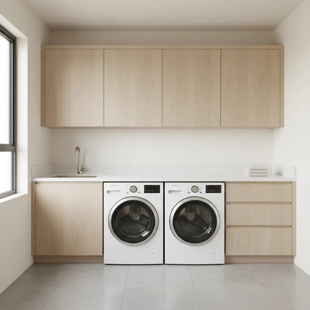 laundry room countertop spanning over washer and dryer appliances