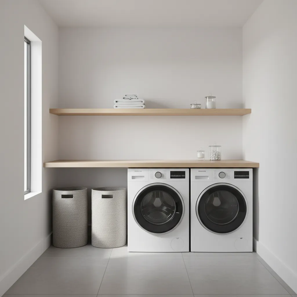 Laundry countertop installed above front load washer and dryer