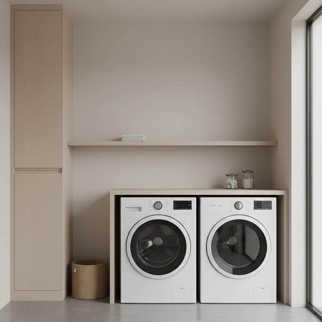 Minimalist laundry area with washing machine and dryer under a counter beside tall wood cabinet