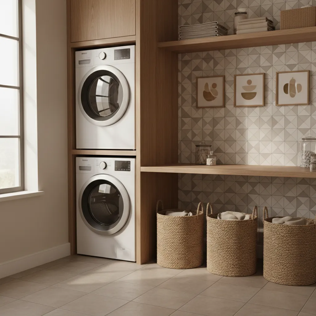 Stylish laundry room with decorative baskets backsplash and wall art