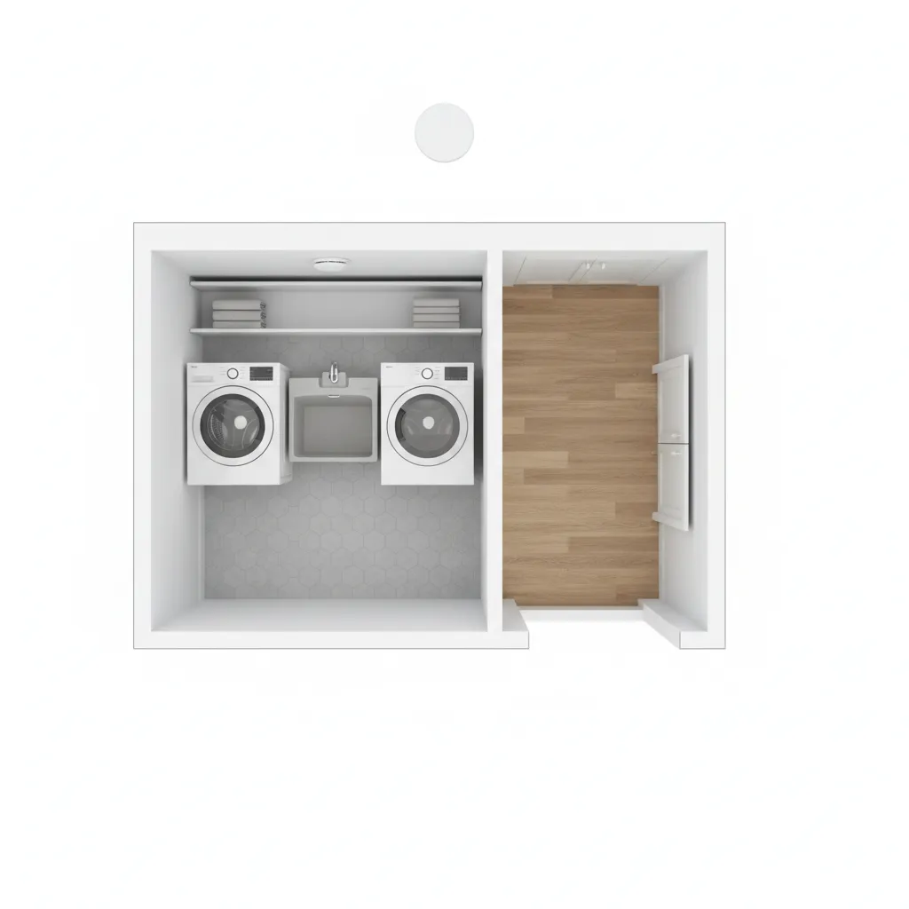 laundry room diagram showing heat detector inside room and smoke detector in hallway