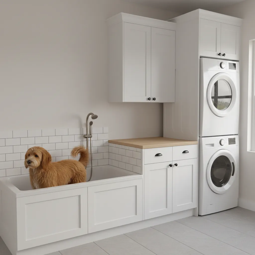 Brown dog standing inside a white built-in wash tub next to white cabinets and washer
