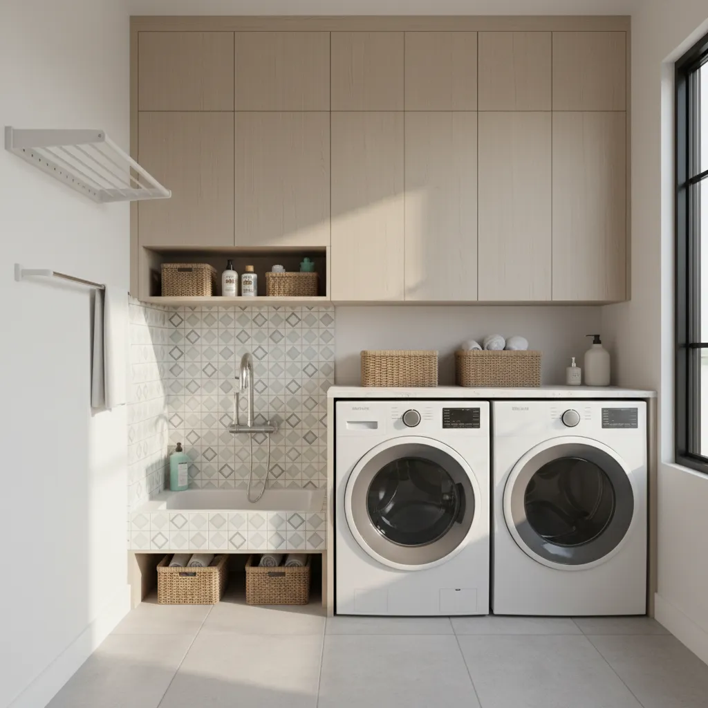 Laundry room layout with pet washing area integrated near washer and dryer
