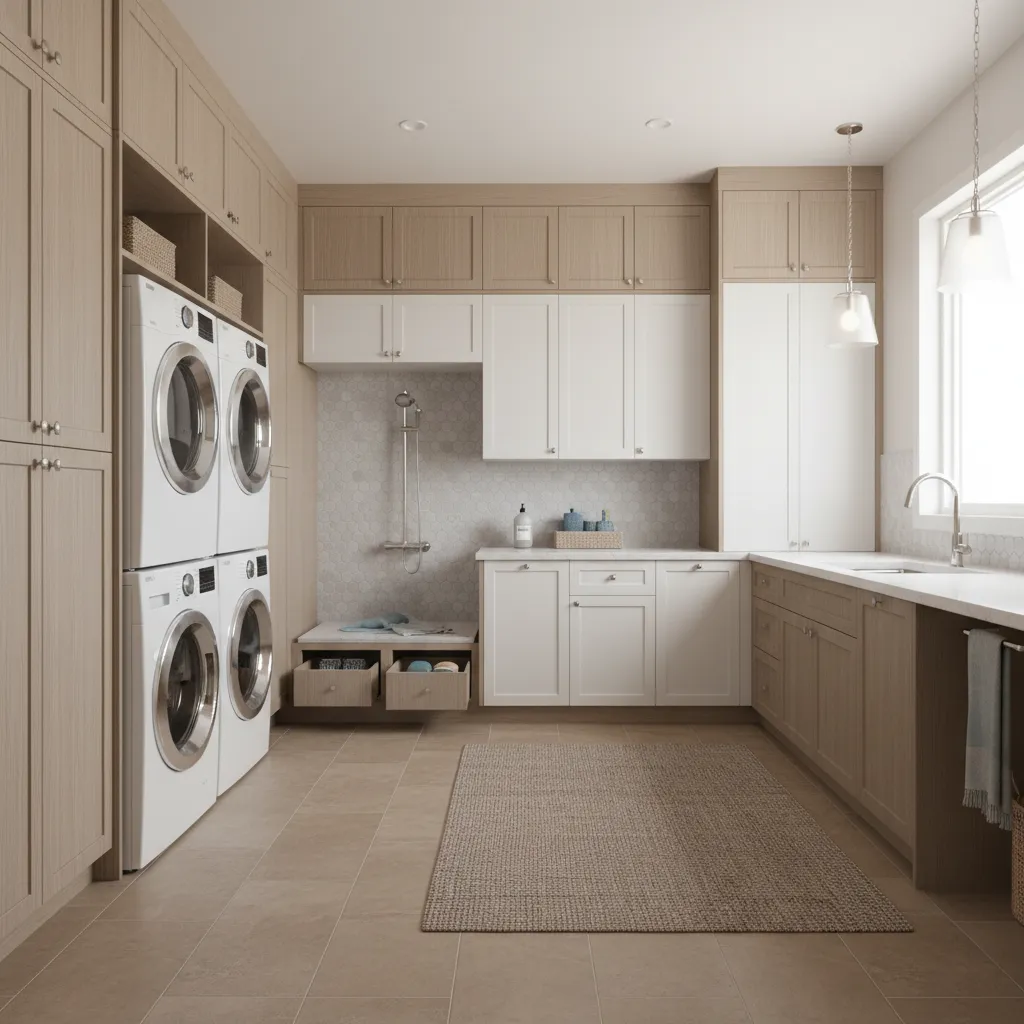 laundry room dog wash station integrated beside washer and dryer