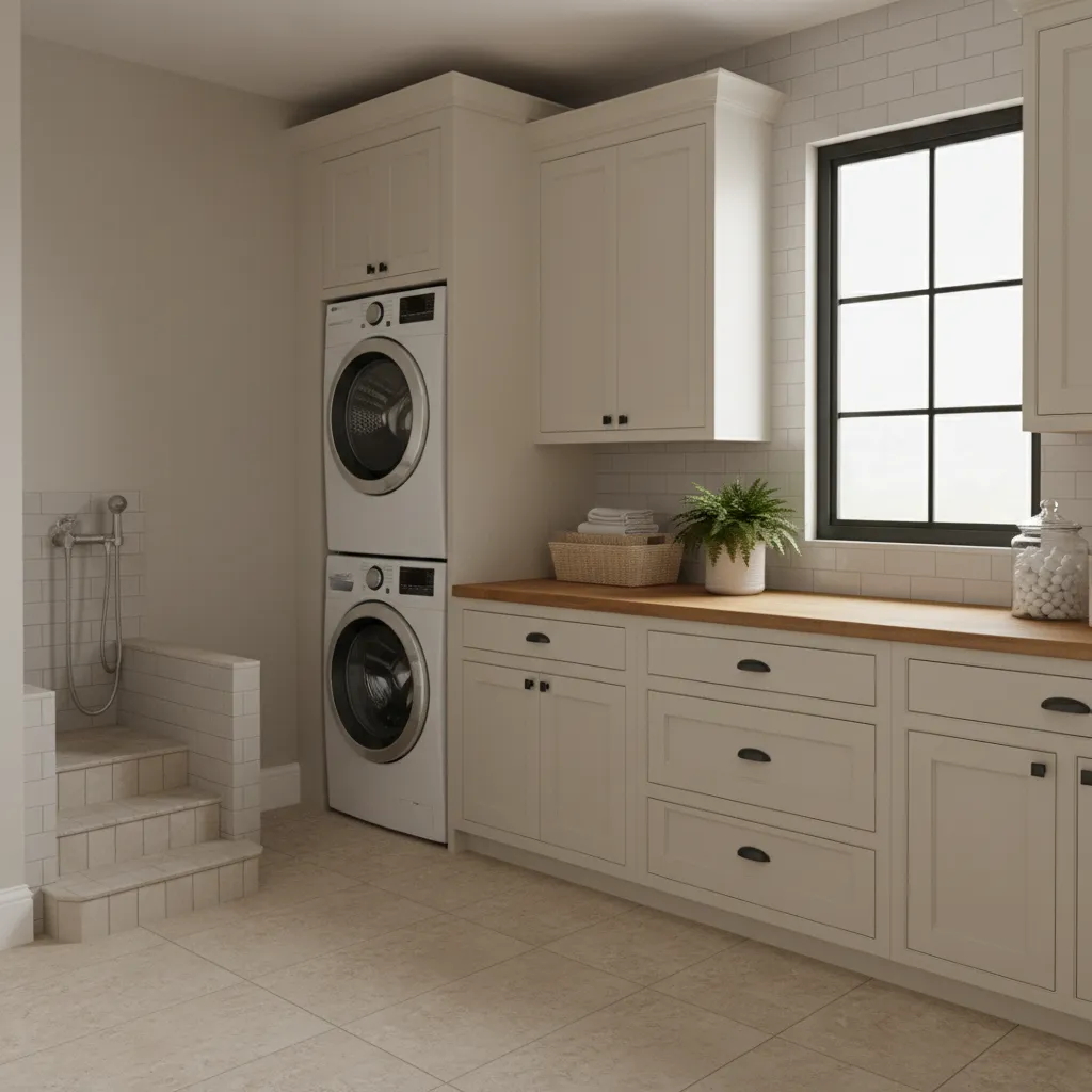 Laundry room featuring white cabinets wooden countertop stacked washer dryer and a tiled dog wash