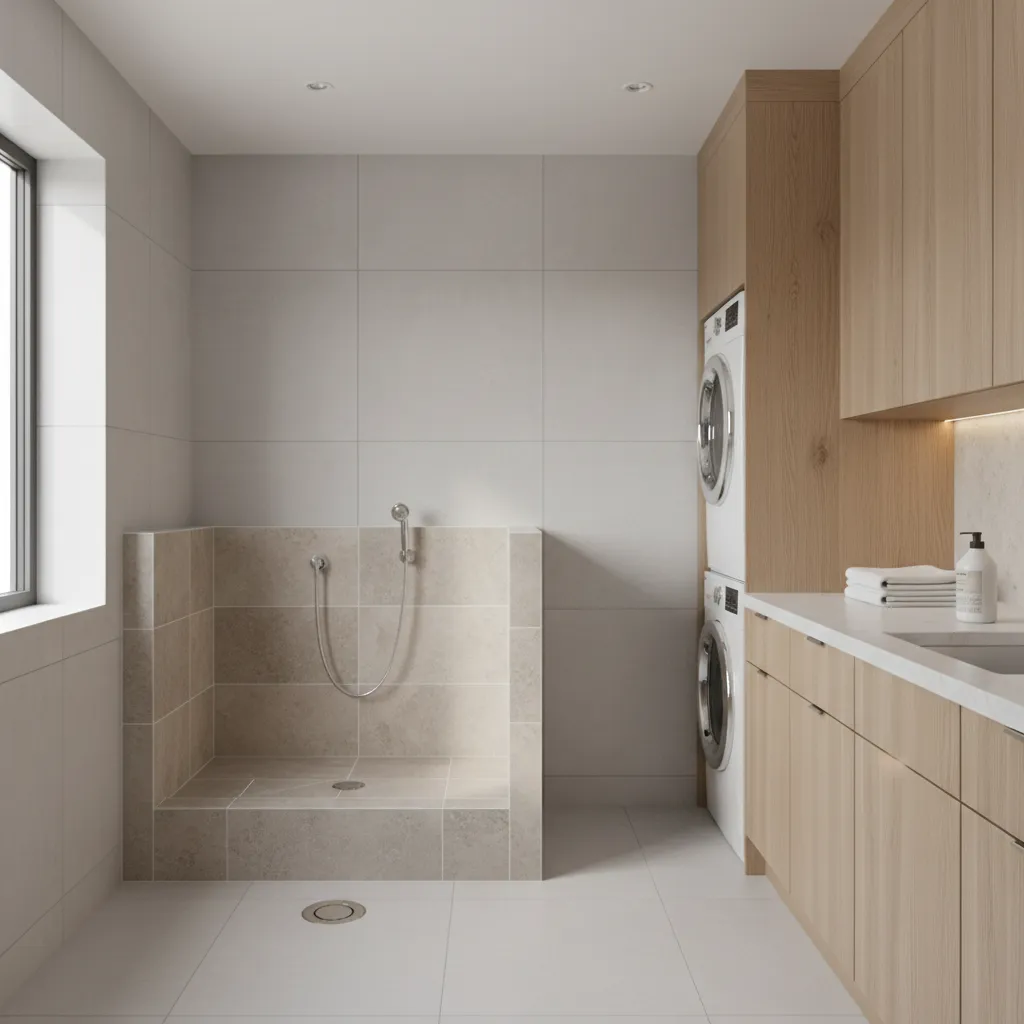 Modern laundry room with tiled dog wash station stacked washer dryer and light wood cabinets