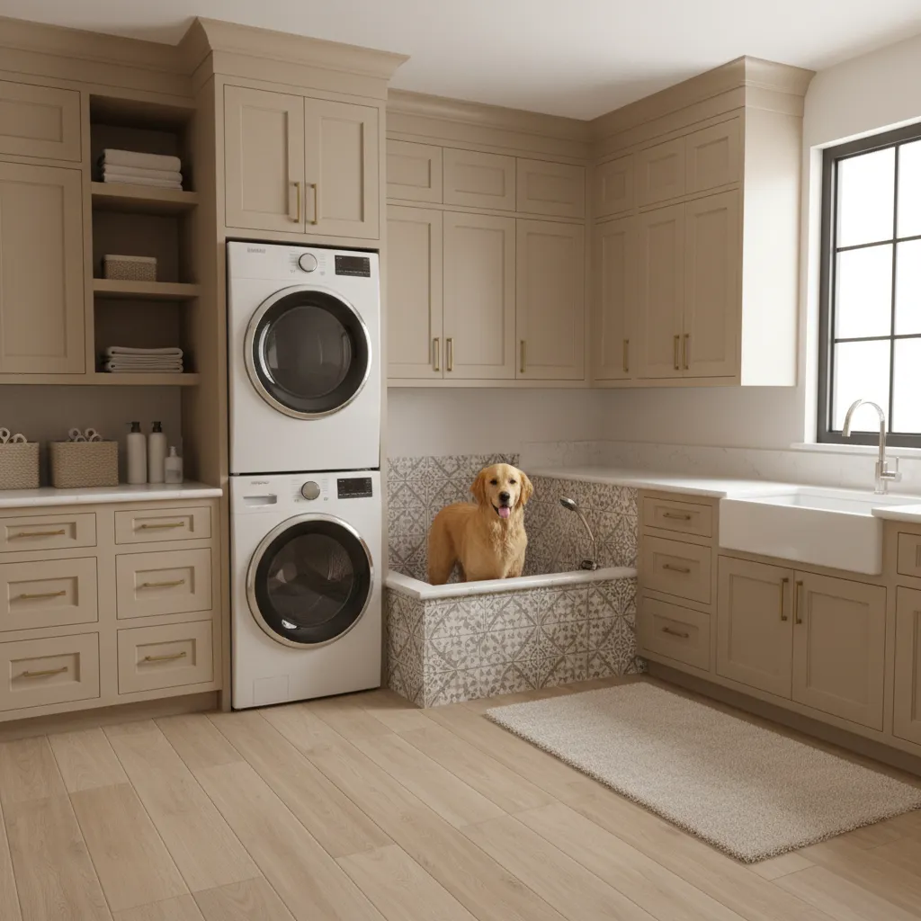 Golden retriever standing in tiled pet wash station inside beige laundry room with stacked machines