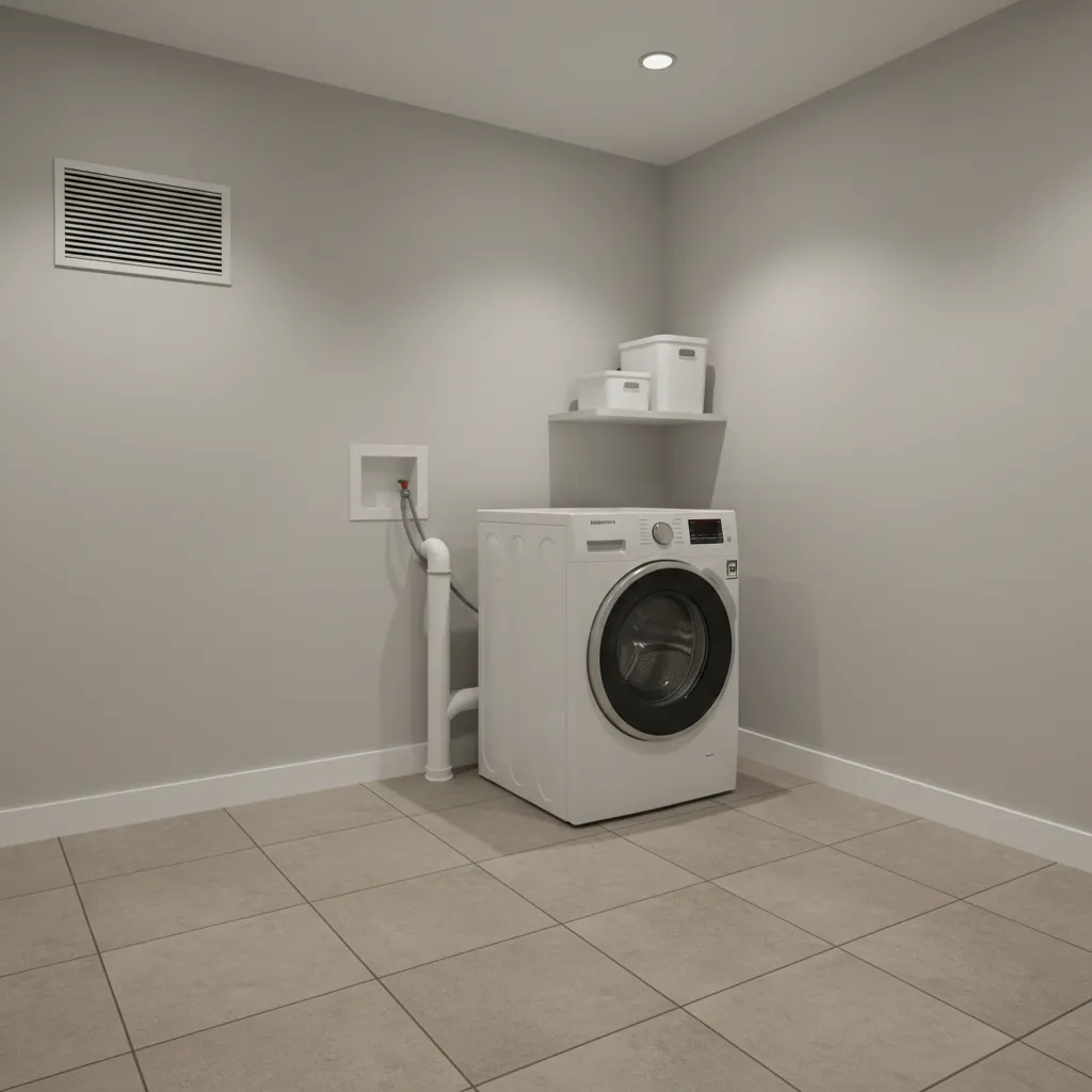 Laundry room showing washing machine drain pipe and nearby air vent as potential odor sources