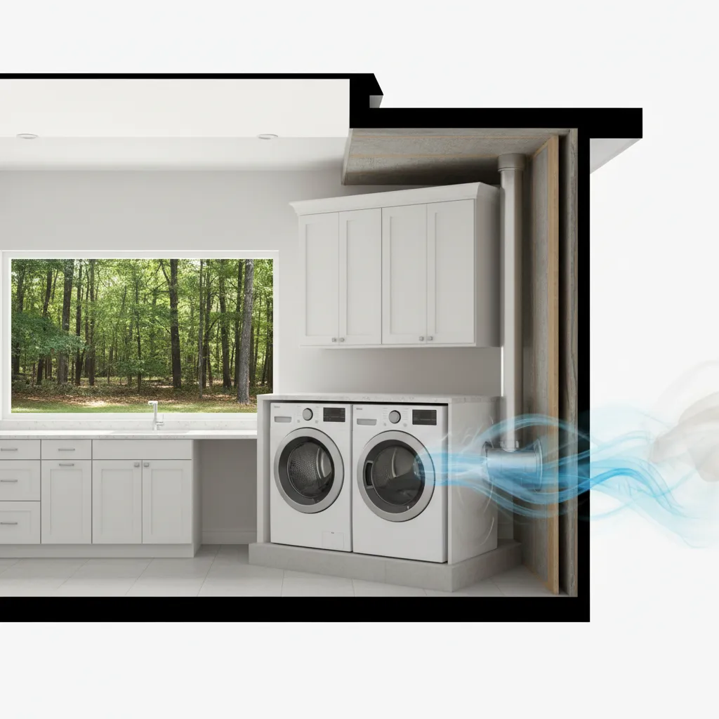 Laundry room dryer vent releasing warm air toward outdoor forest area