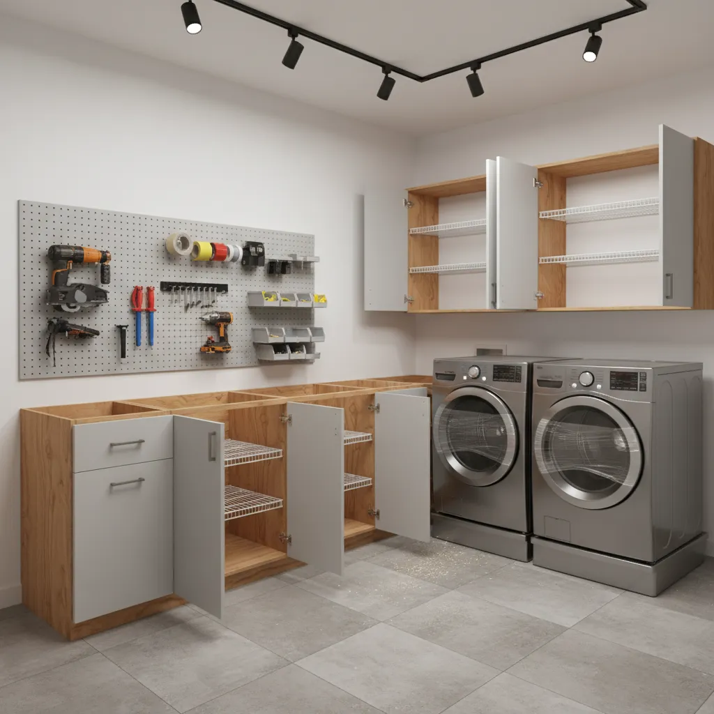 Laundry room cabinets made with plywood and laminate materials