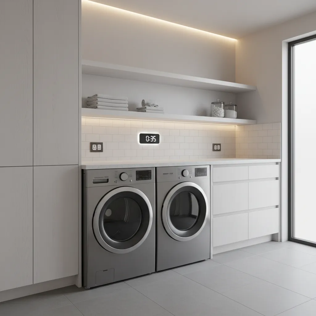 Laundry room layout showing washer dryer outlet circuits and timer placement