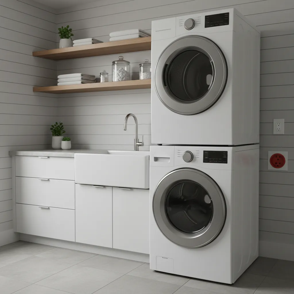 Modern laundry room showing stacked washer and dryer next to a sink and wall outlet