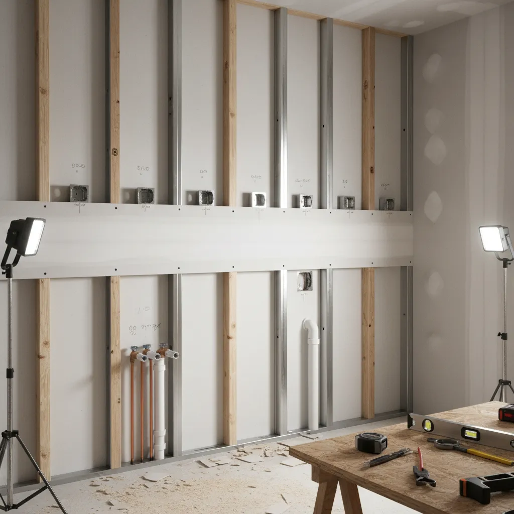 Laundry room wall showing electrical rough-in outlets and plumbing connections