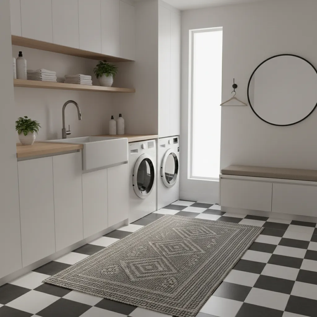 laundry room entrance mat protecting checkerboard tile floor