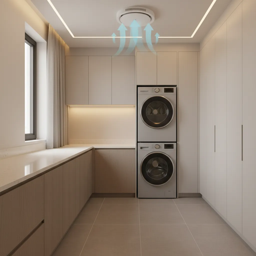 laundry room ceiling exhaust fan removing humid air above washer dryer