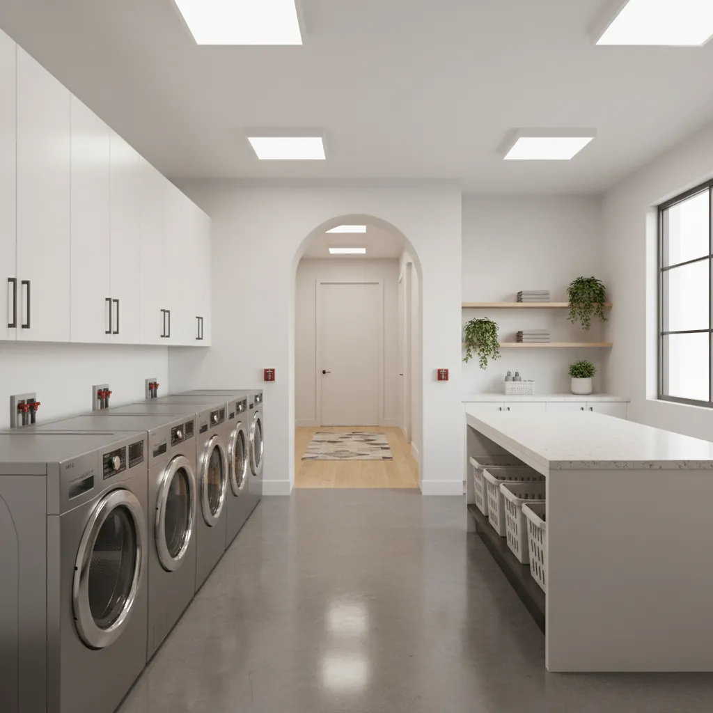 laundry room interior showing clear exit path and open visibility to hallway