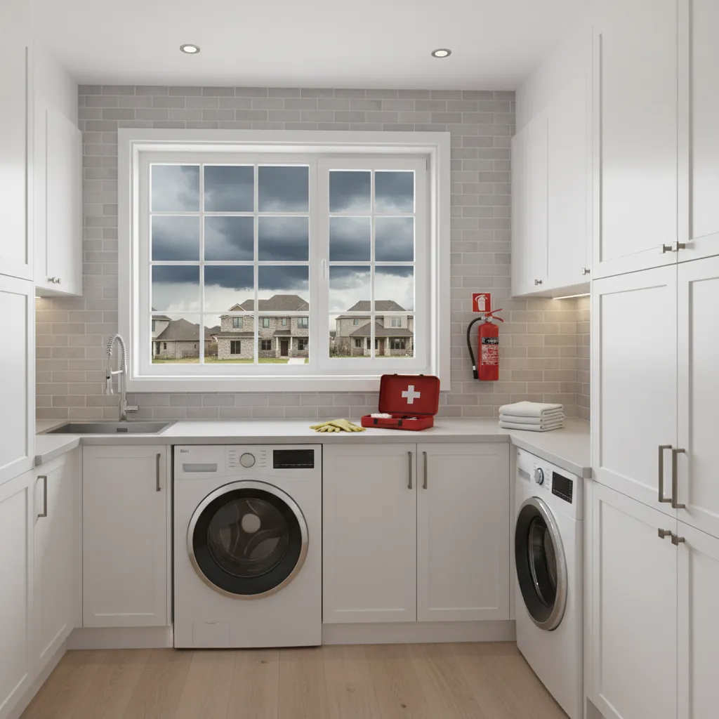 laundry room with exterior wall and window highlighting tornado debris exposure risk