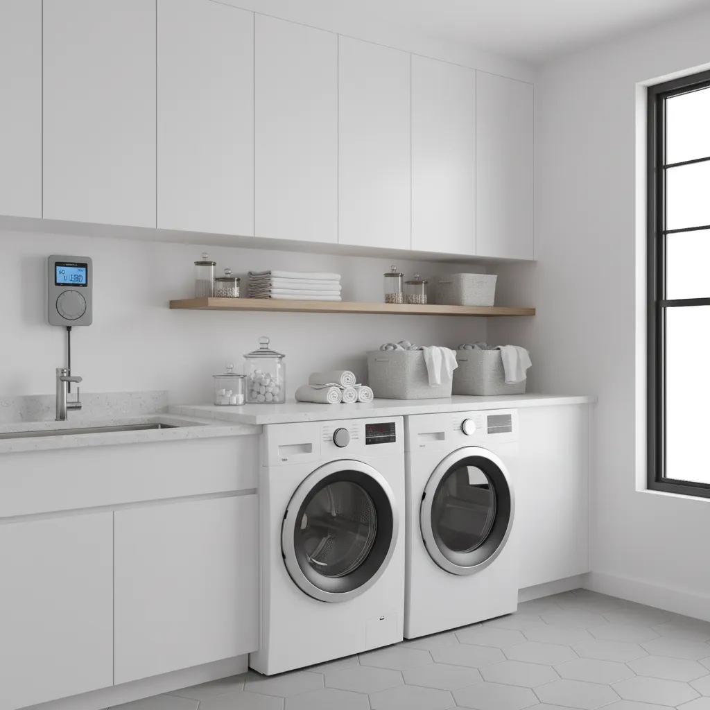 External outlet timer connected to washing machine in a clean modern laundry room