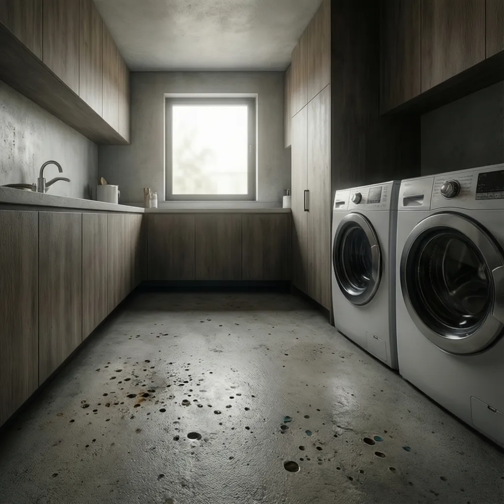Laundry room concrete floor with small paint bubbles forming near appliances