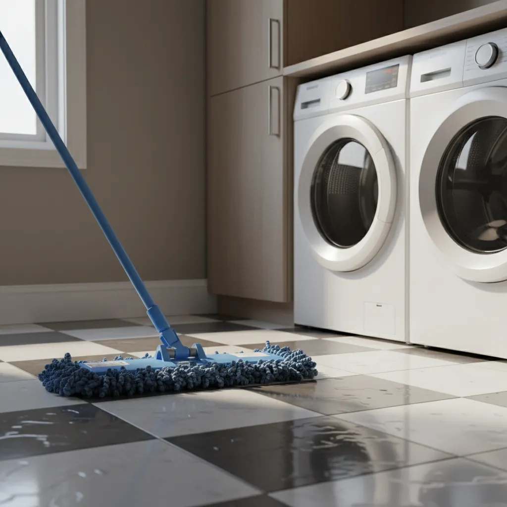 microfiber mop cleaning checkerboard tile laundry floor