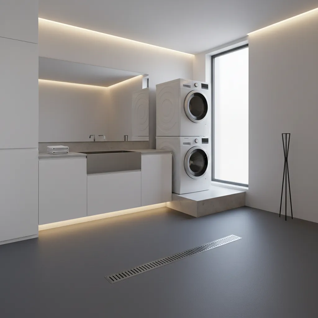 Laundry room floor with drain and rubber flooring designed to handle leaks