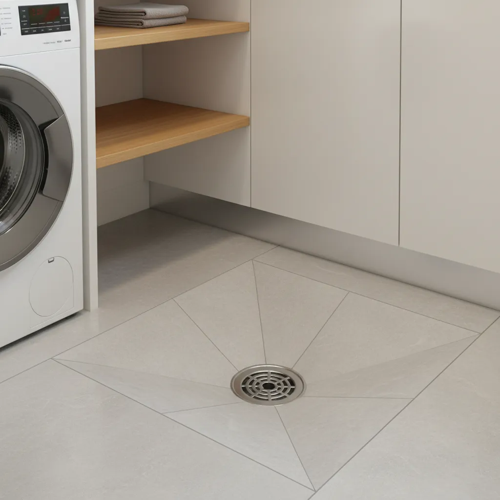 Laundry room tile floor sloping toward a stainless steel floor drain