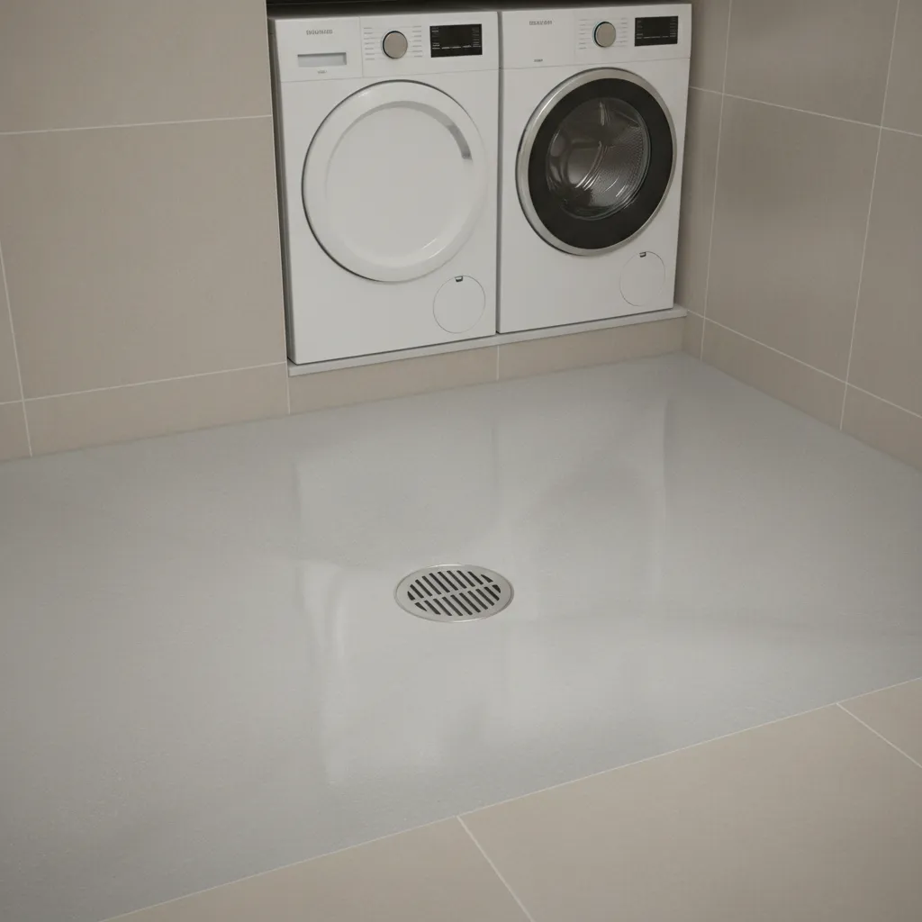 laundry room floor drain positioned near washing machine with sloped floor concept