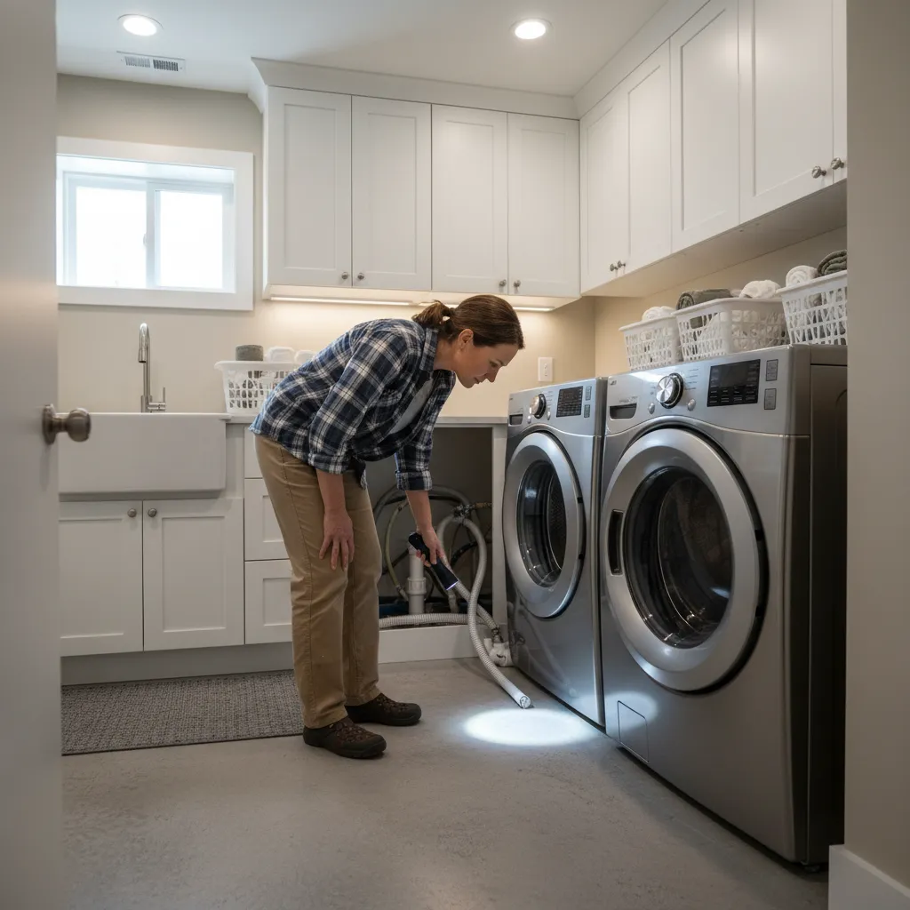checking basement laundry flooring around washer for moisture