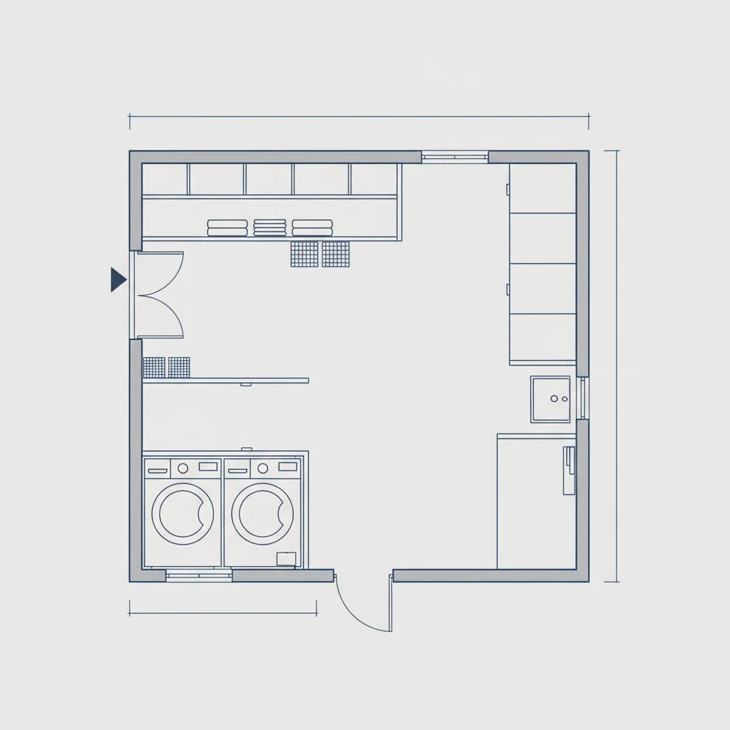 Top view floor plan of a small laundry room showing washer dryer cabinet layout