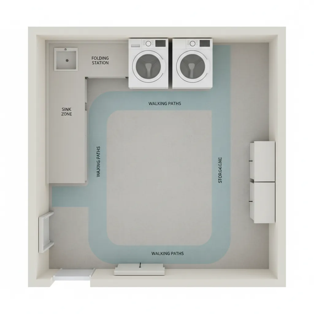 Laundry room layout showing traffic zones around washer dryer