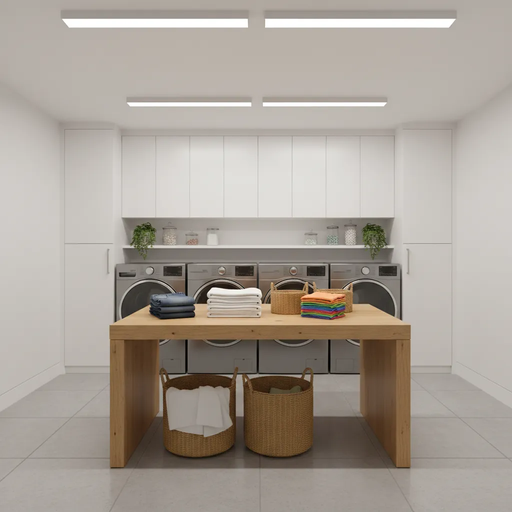 Shared laundry room folding table with baskets and clothes
